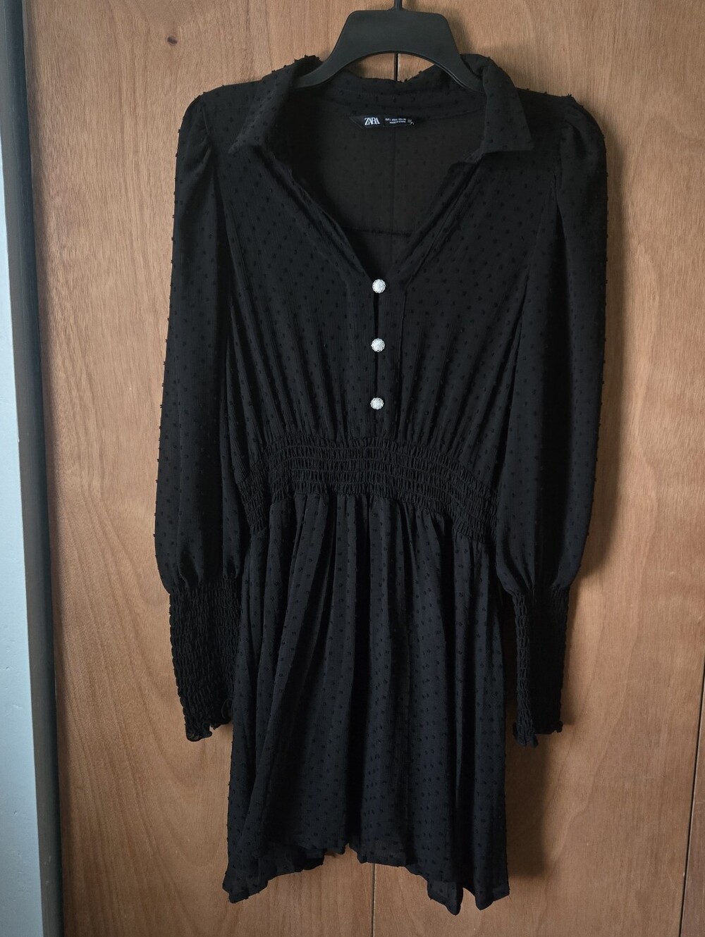 Zara Black Dotted Textured Long-Sleeve Mini Dress